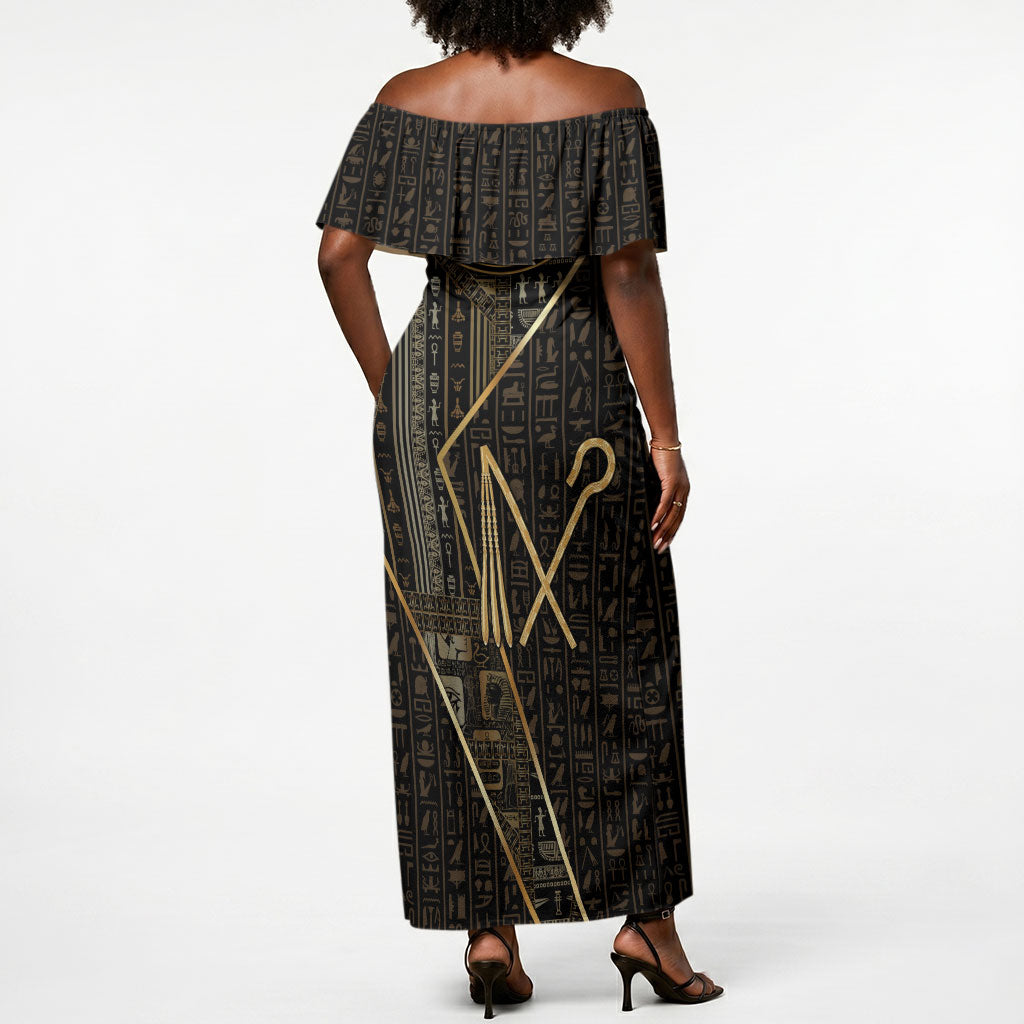 Egypt Crook And Flail Off Shoulder Maxi Dress Ancient Mythology Pharaoh Royalty Gold