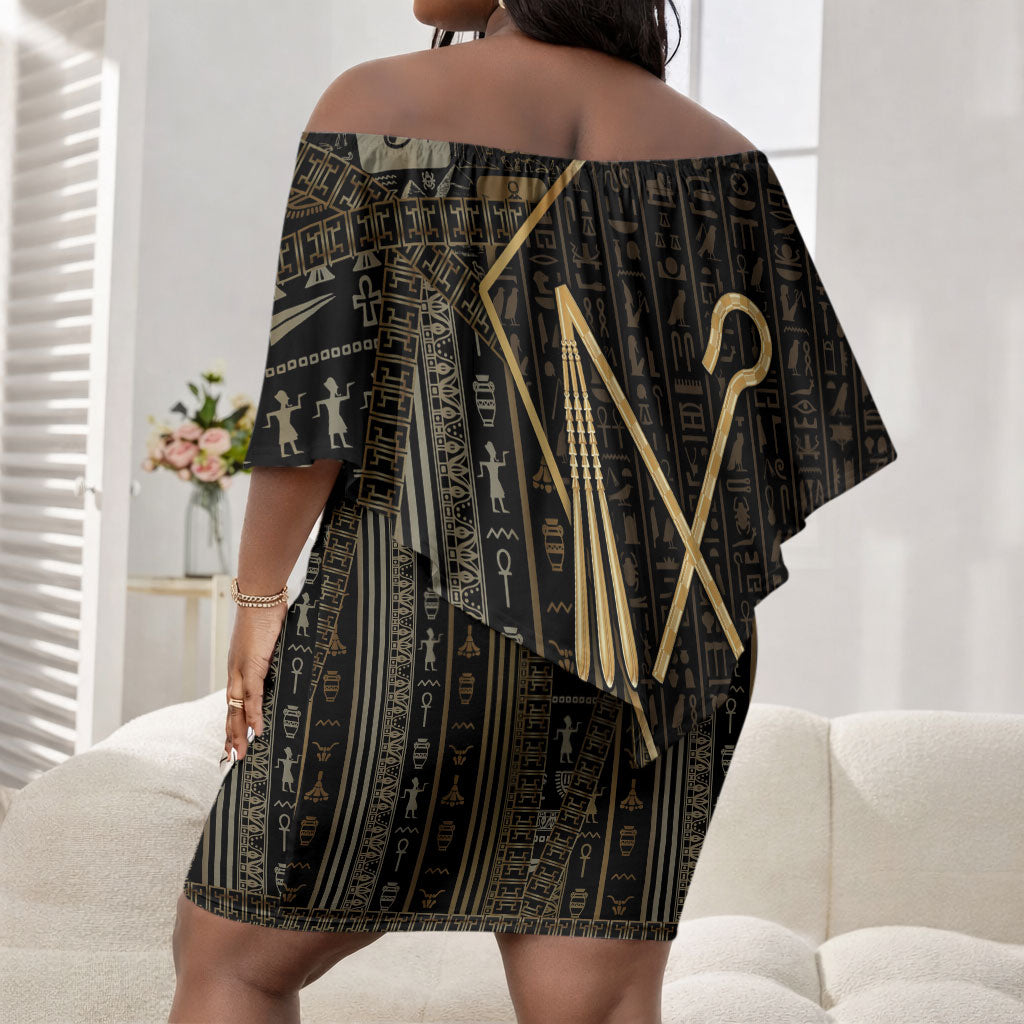 Egypt Crook And Flail Off Shoulder Short Dress Ancient Mythology Pharaoh Royalty Gold