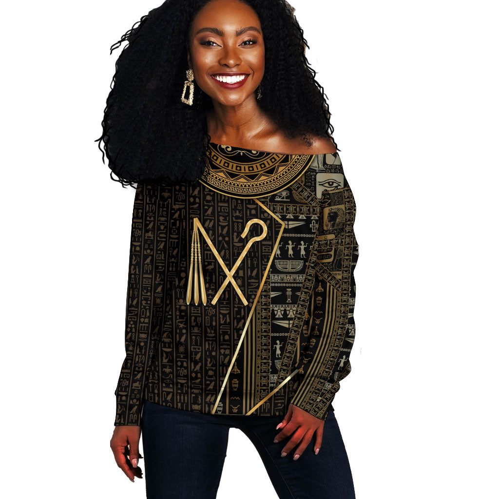 Egypt Crook And Flail Off Shoulder Sweater Ancient Mythology Pharaoh Royalty Gold