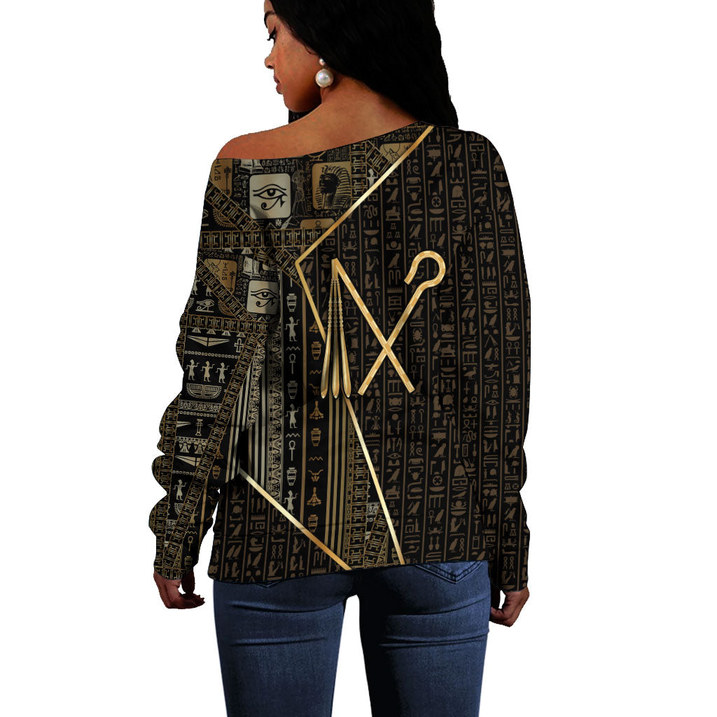 Egypt Crook And Flail Off Shoulder Sweater Ancient Mythology Pharaoh Royalty Gold