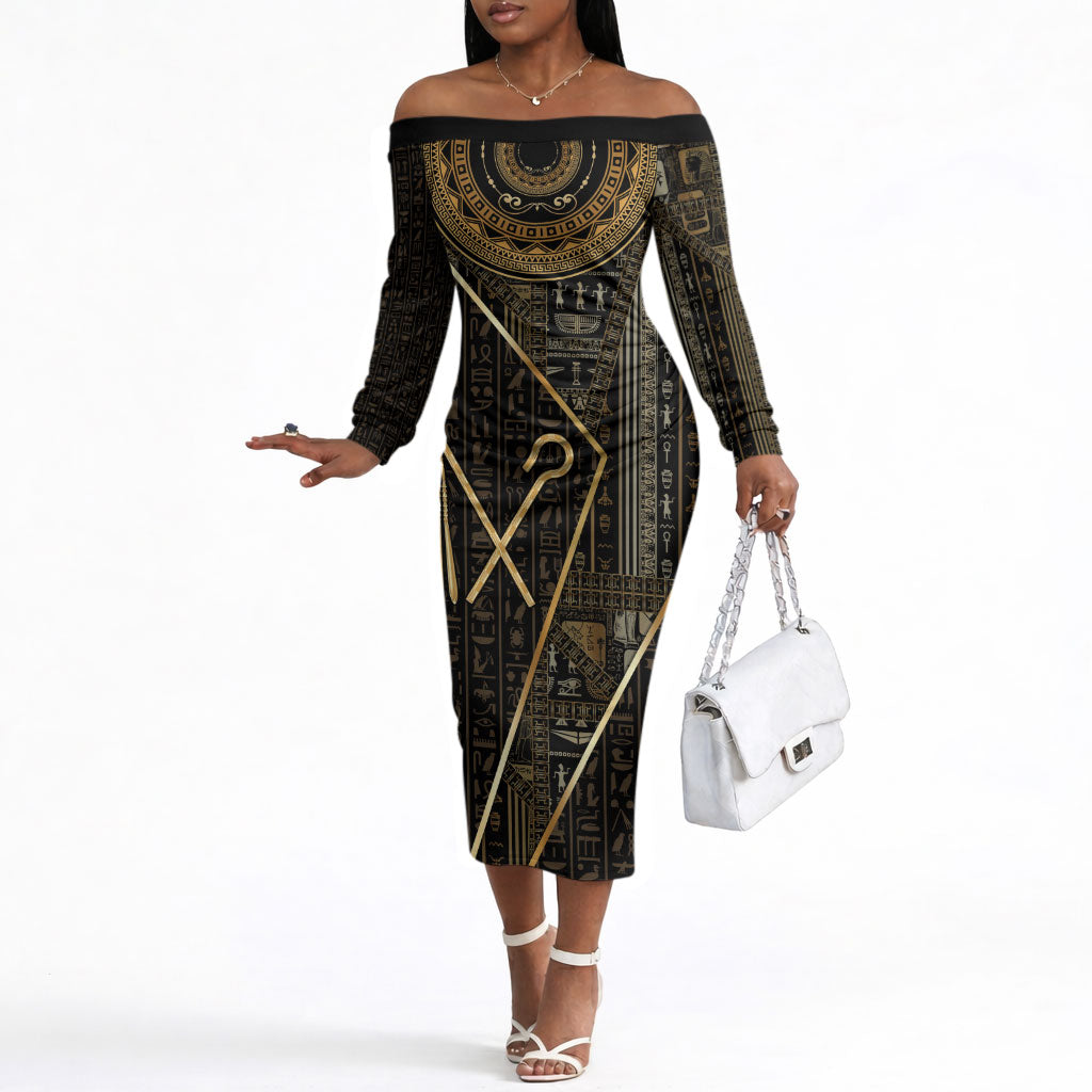 Egypt Crook And Flail Off The Shoulder Long Sleeve Dress Ancient Mythology Pharaoh Royalty Gold