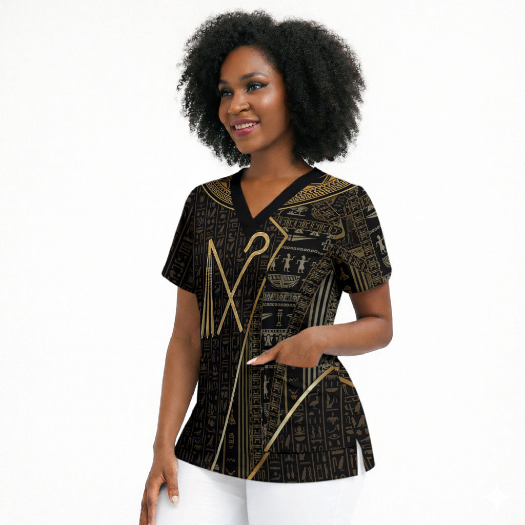 Egypt Crook And Flail Scrub Top Ancient Mythology Pharaoh Royalty Gold