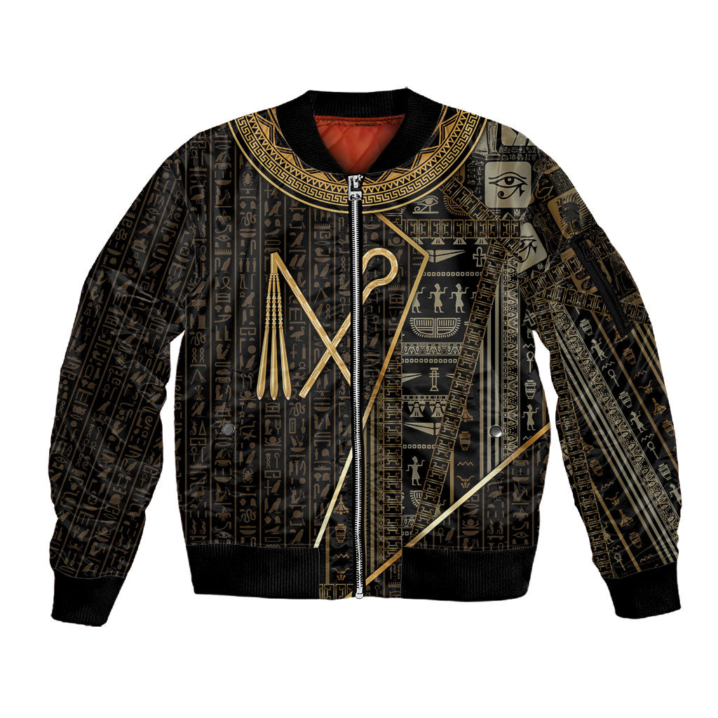 Egypt Crook And Flail Sleeve Zip Bomber Jacket Ancient Mythology Pharaoh Royalty Gold