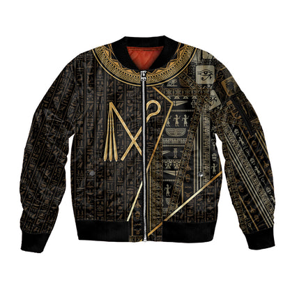 Egypt Crook And Flail Sleeve Zip Bomber Jacket Ancient Mythology Pharaoh Royalty Gold