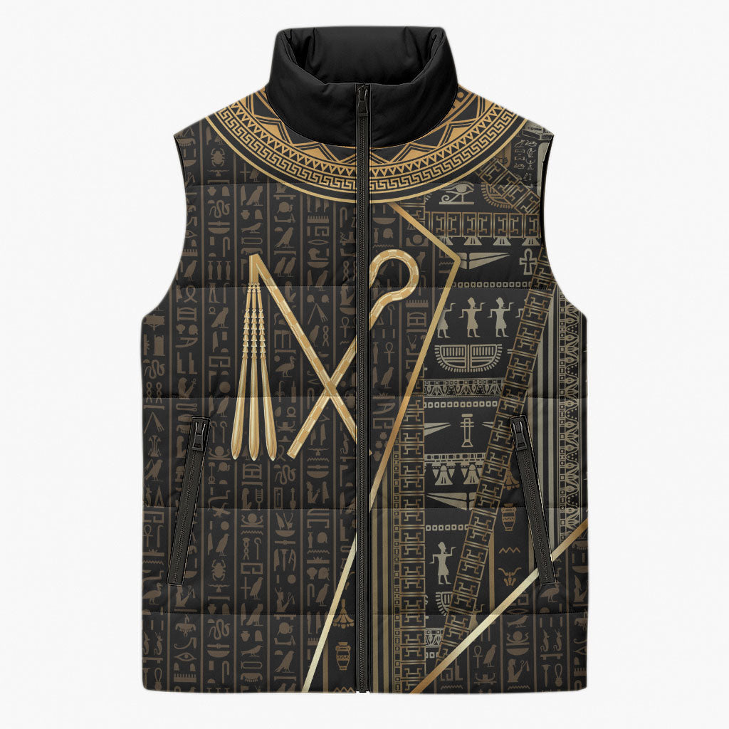 Egypt Crook And Flail Sleeveless Puffer Jacket Ancient Mythology Pharaoh Royalty Gold