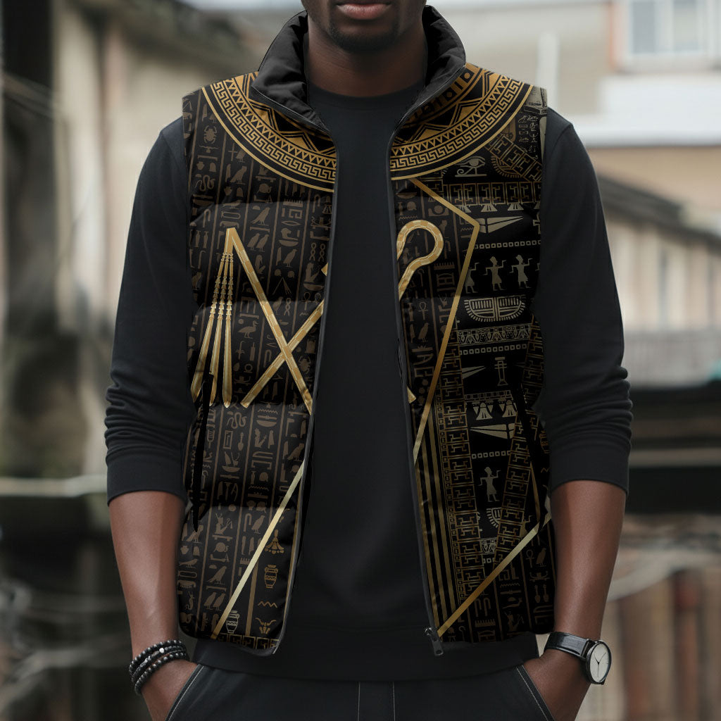 Egypt Crook And Flail Sleeveless Puffer Jacket Ancient Mythology Pharaoh Royalty Gold