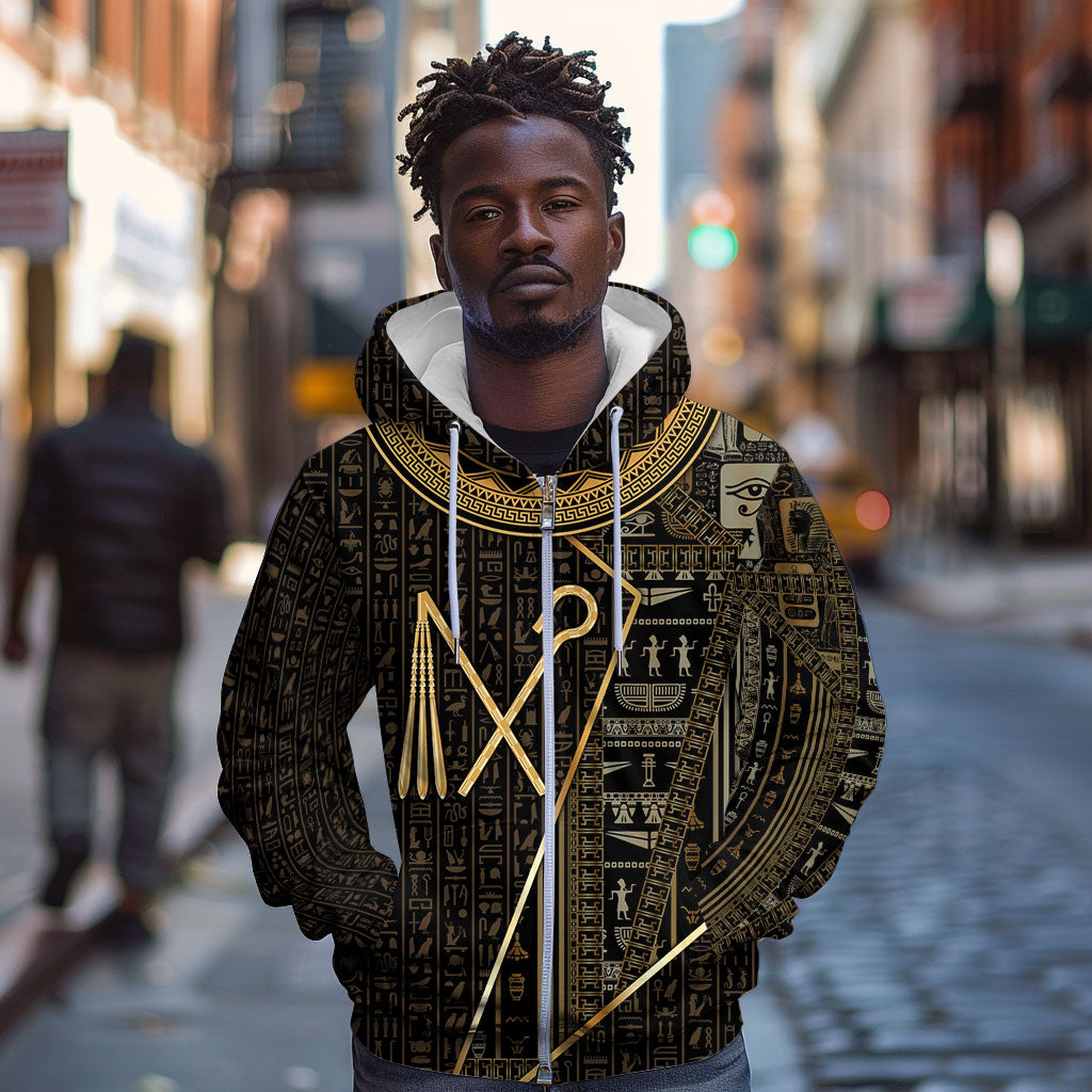 Egypt Crook And Flail Zip Hoodie Ancient Mythology Pharaoh Royalty Gold