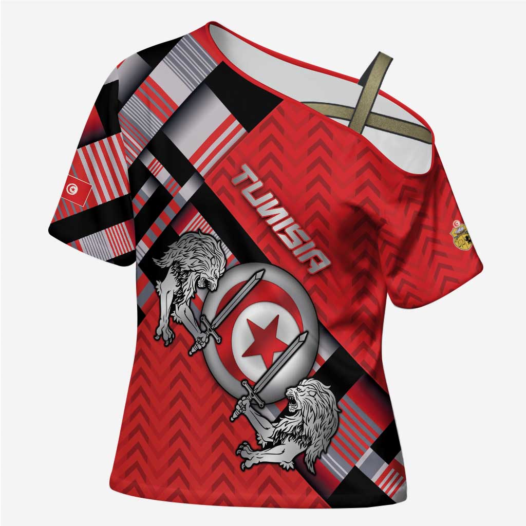 Personalized Tunisia Cross Shoulder Shirt Silver Lions Sports Patterns - African Pride