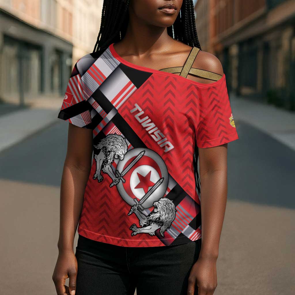 Personalized Tunisia Cross Shoulder Shirt Silver Lions Sports Patterns - African Pride