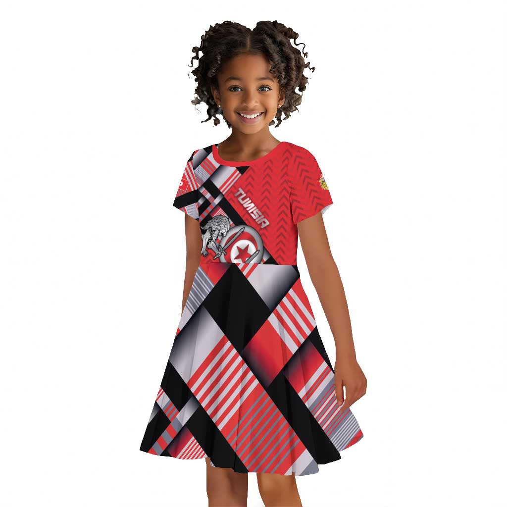 Personalized Tunisia Kid Short Sleeve Dress Silver Lions Sports Patterns - African Pride