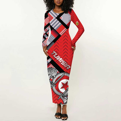 Personalized Tunisia Long Sleeve Bodycon Dress Silver Lions Sports Patterns - African Pride