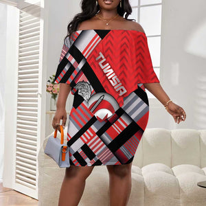 Personalized Tunisia Off Shoulder Short Dress Silver Lions Sports Patterns - African Pride