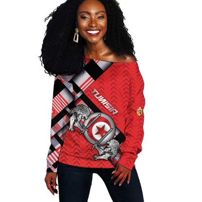 Personalized Tunisia Off Shoulder Sweater Silver Lions Sports Patterns - African Pride