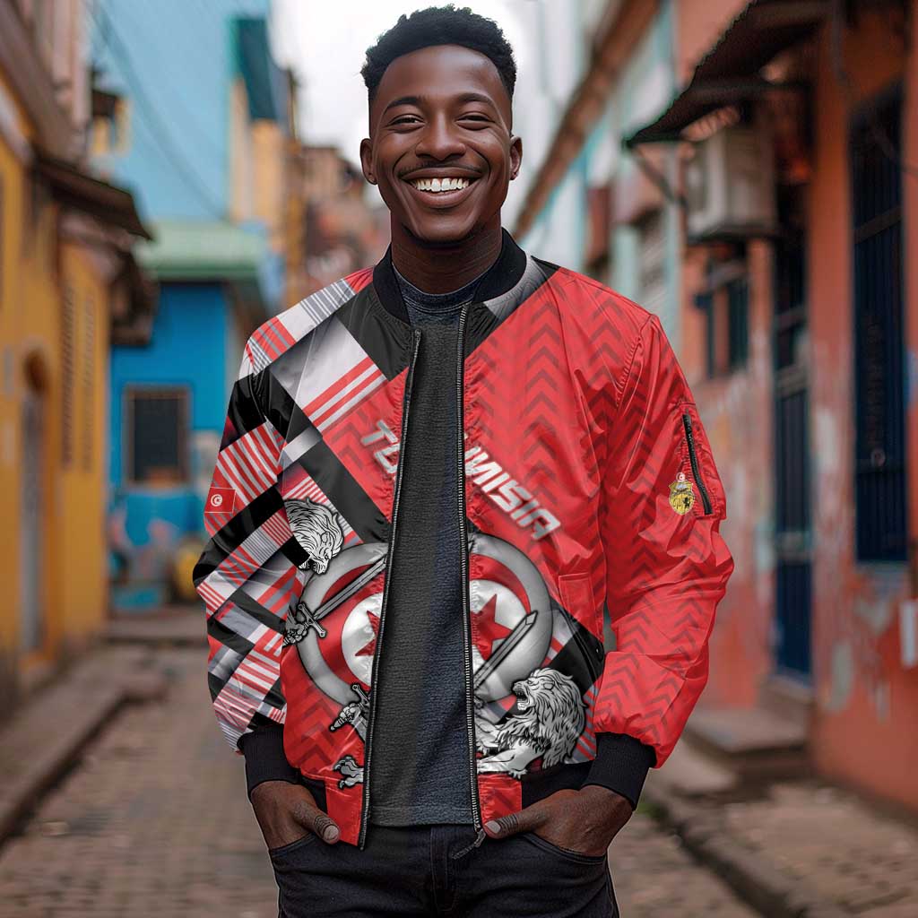 Personalized Tunisia Sleeve Zip Bomber Jacket Silver Lions Sports Patterns - African Pride