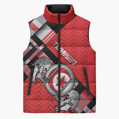 Personalized Tunisia Sleeveless Puffer Jacket Silver Lions Sports Patterns - African Pride