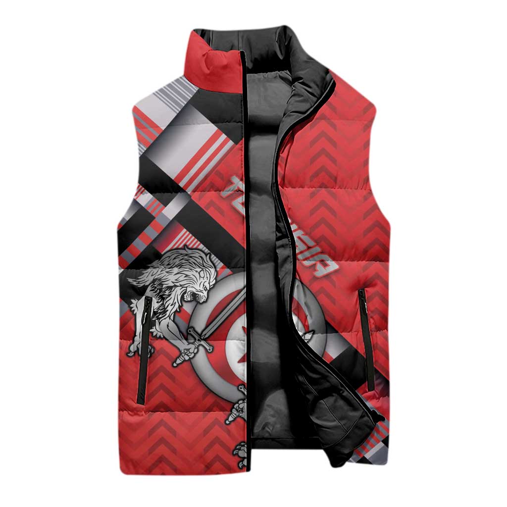 Personalized Tunisia Sleeveless Puffer Jacket Silver Lions Sports Patterns - African Pride
