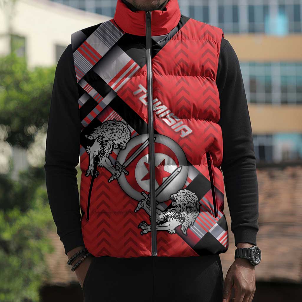 Personalized Tunisia Sleeveless Puffer Jacket Silver Lions Sports Patterns - African Pride