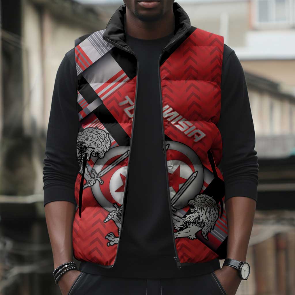 Personalized Tunisia Sleeveless Puffer Jacket Silver Lions Sports Patterns - African Pride