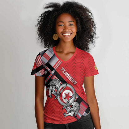 Personalized Tunisia Women V-Neck T-Shirt Silver Lions Sports Patterns - African Pride