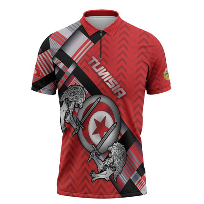 Personalized Tunisia Zipper Polo Shirt Silver Lions Sports Patterns - African Pride