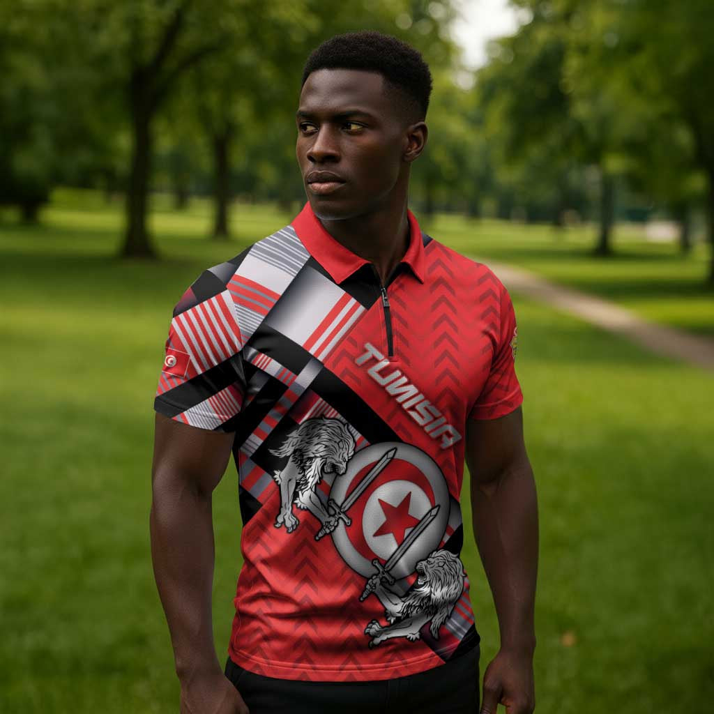 Personalized Tunisia Zipper Polo Shirt Silver Lions Sports Patterns - African Pride