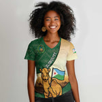 Personalized African Djibouti Women V-Neck T-Shirt Camel Holding Jabuuti Flag - African Pride