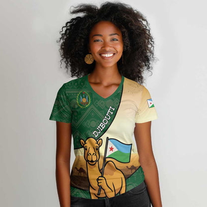 Personalized African Djibouti Women V-Neck T-Shirt Camel Holding Jabuuti Flag - African Pride