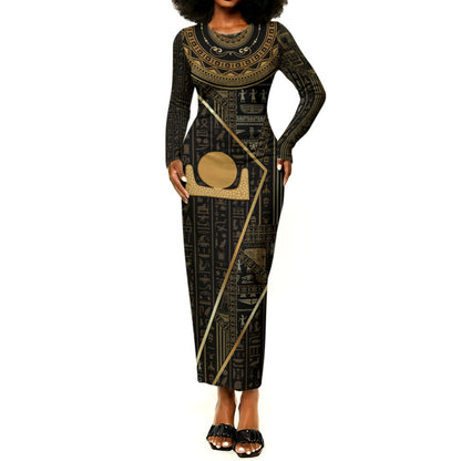 Egypt Akhet Long Sleeve Bodycon Dress Ancient Mythology Horizon Sun Disk