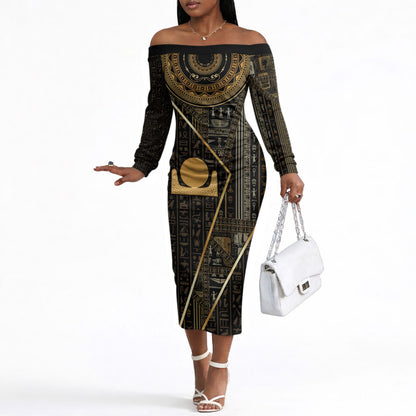 Egypt Akhet Off The Shoulder Long Sleeve Dress Ancient Mythology Horizon Sun Disk