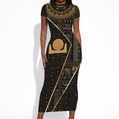 Egypt Akhet Short Sleeve Bodycon Dress Ancient Mythology Horizon Sun Disk