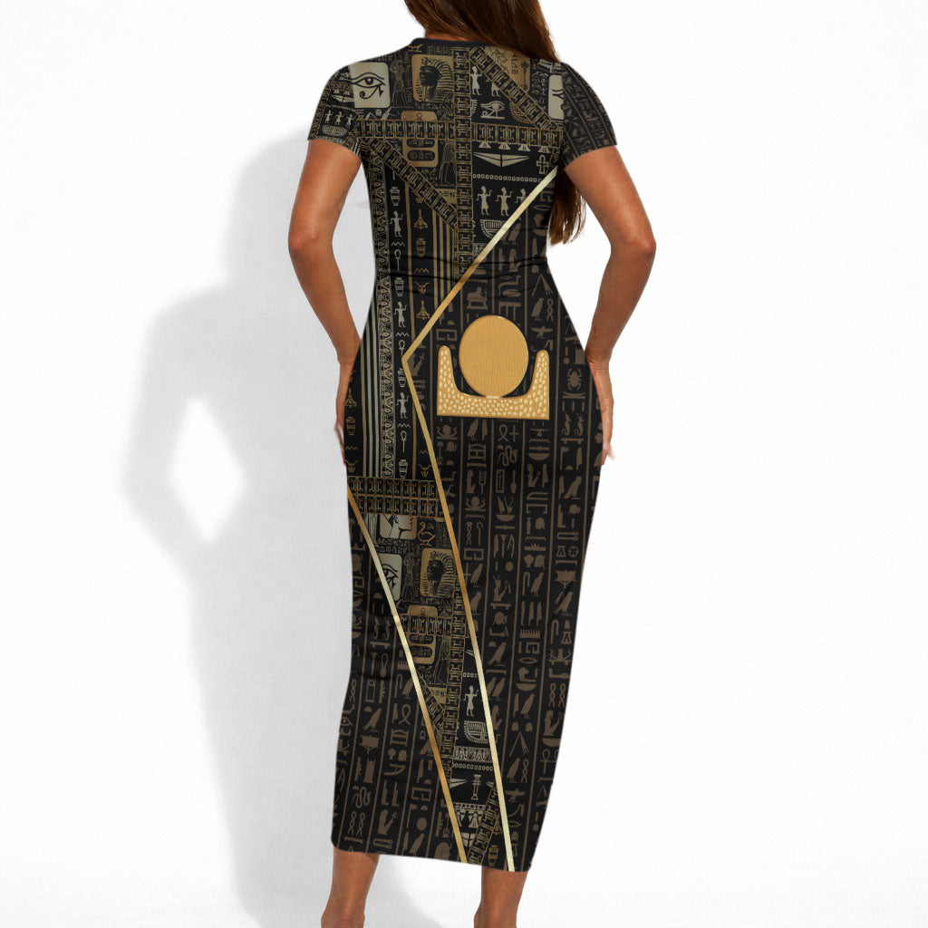 Egypt Akhet Short Sleeve Bodycon Dress Ancient Mythology Horizon Sun Disk