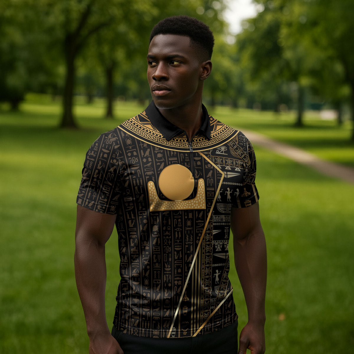 Egypt Akhet Zipper Polo Shirt Ancient Mythology Horizon Sun Disk
