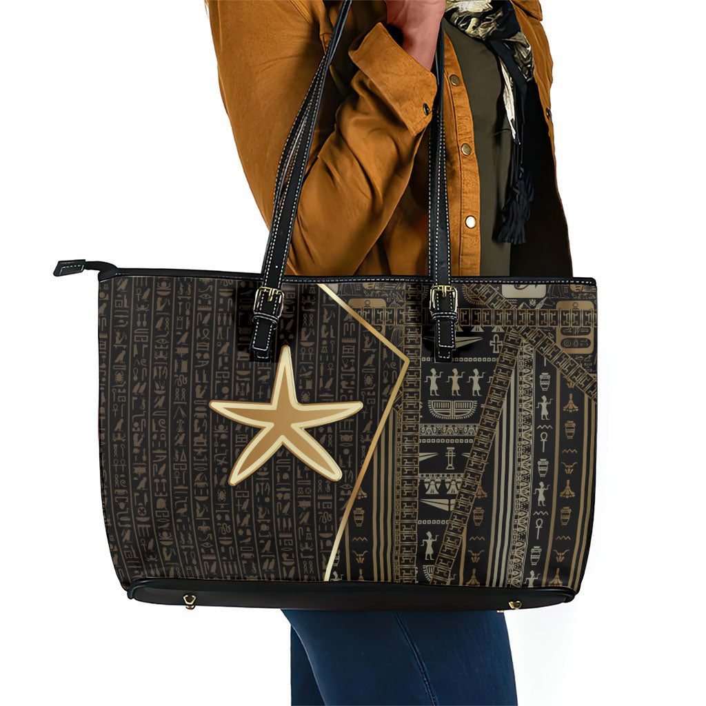 Egypt Seba Leather Tote Bag Ancient Mythology Golden Star Royal