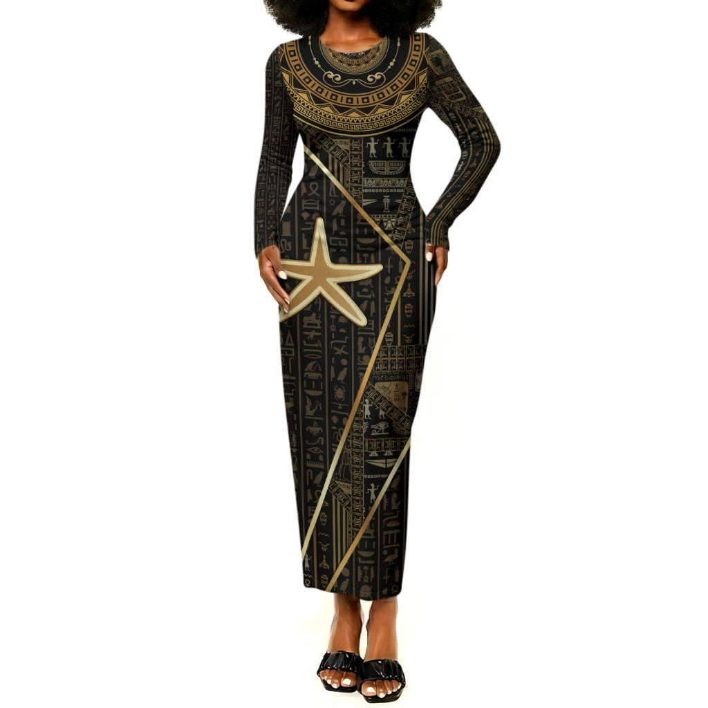 Egypt Seba Long Sleeve Bodycon Dress Ancient Mythology Golden Star Royal