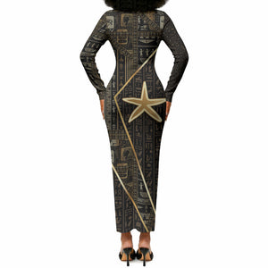 Egypt Seba Long Sleeve Bodycon Dress Ancient Mythology Golden Star Royal