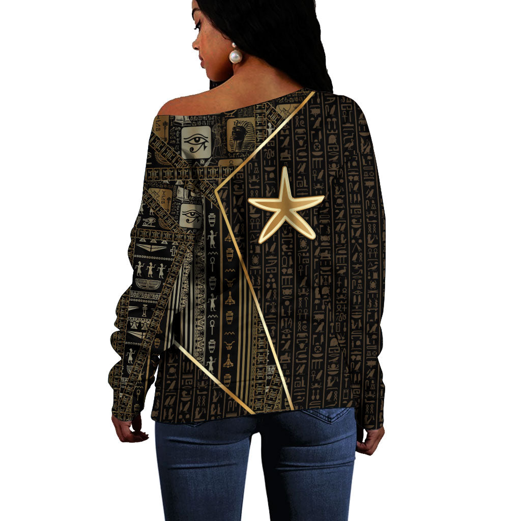 Egypt Seba Off Shoulder Sweater Ancient Mythology Golden Star Royal