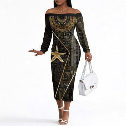 Egypt Seba Off The Shoulder Long Sleeve Dress Ancient Mythology Golden Star Royal