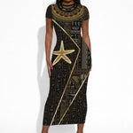 Egypt Seba Short Sleeve Bodycon Dress Ancient Mythology Golden Star Royal