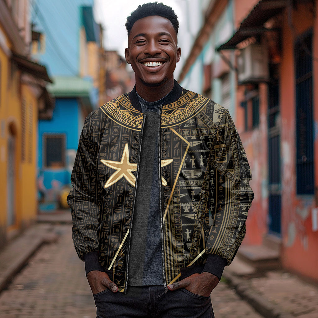 Egypt Seba Sleeve Zip Bomber Jacket Ancient Mythology Golden Star Royal
