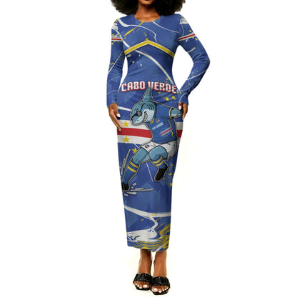Custom Cape Verde Long Sleeve Bodycon Dress Blue Shark National Flag