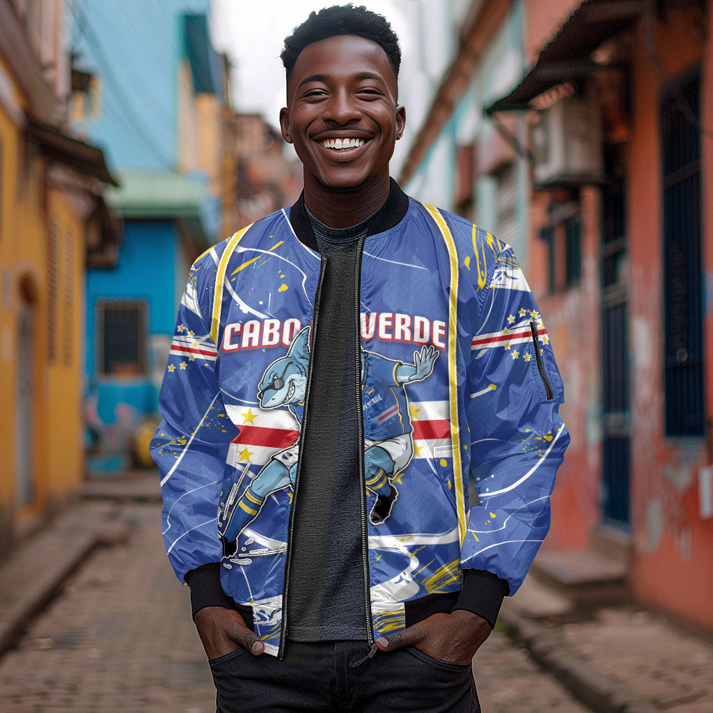 Custom Cape Verde Sleeve Zip Bomber Jacket Blue Shark National Flag