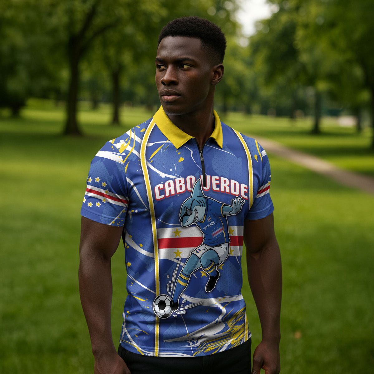 Custom Cape Verde Zipper Polo Shirt Blue Shark National Flag