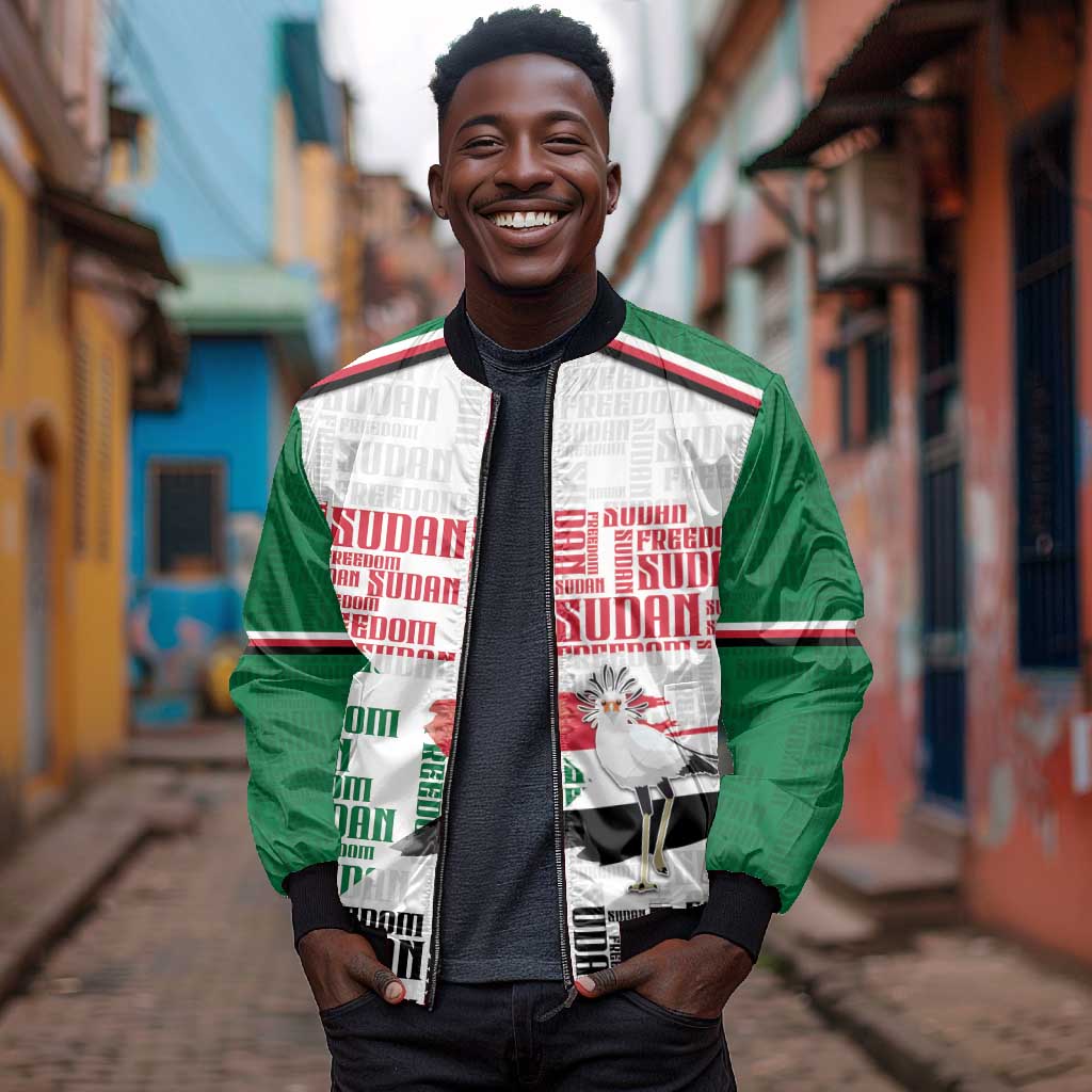 Personalized Sudan Bomber Jacket Secretary Bird With Typography Patterns - African Pride
