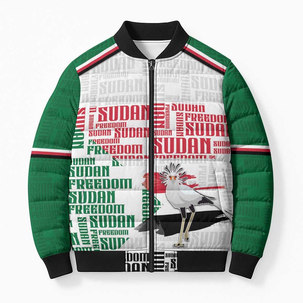 Personalized Sudan Bomber Puffer Jacket Secretary Bird With Typography Patterns - African Pride