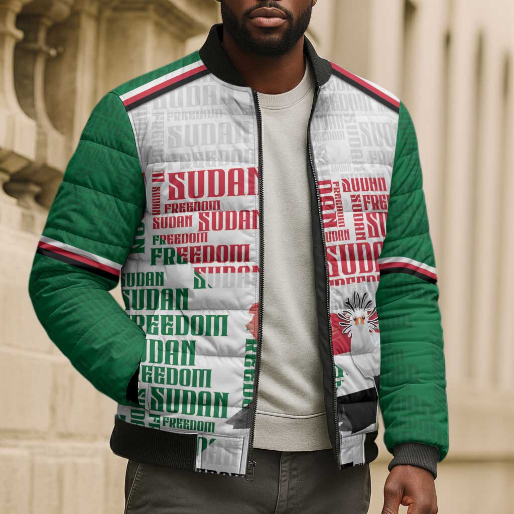 Personalized Sudan Bomber Puffer Jacket Secretary Bird With Typography Patterns - African Pride