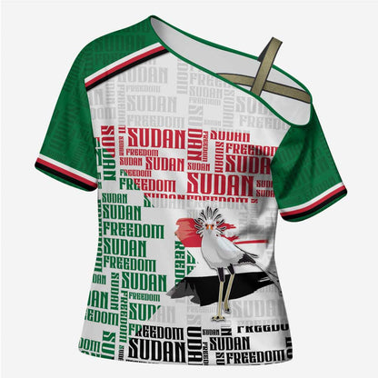 Personalized Sudan Cross Shoulder Shirt Secretary Bird With Typography Patterns - African Pride