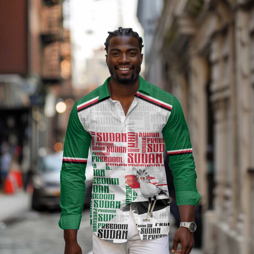 Personalized Sudan Long Sleeve Button Shirt Secretary Bird With Typography Patterns - African Pride