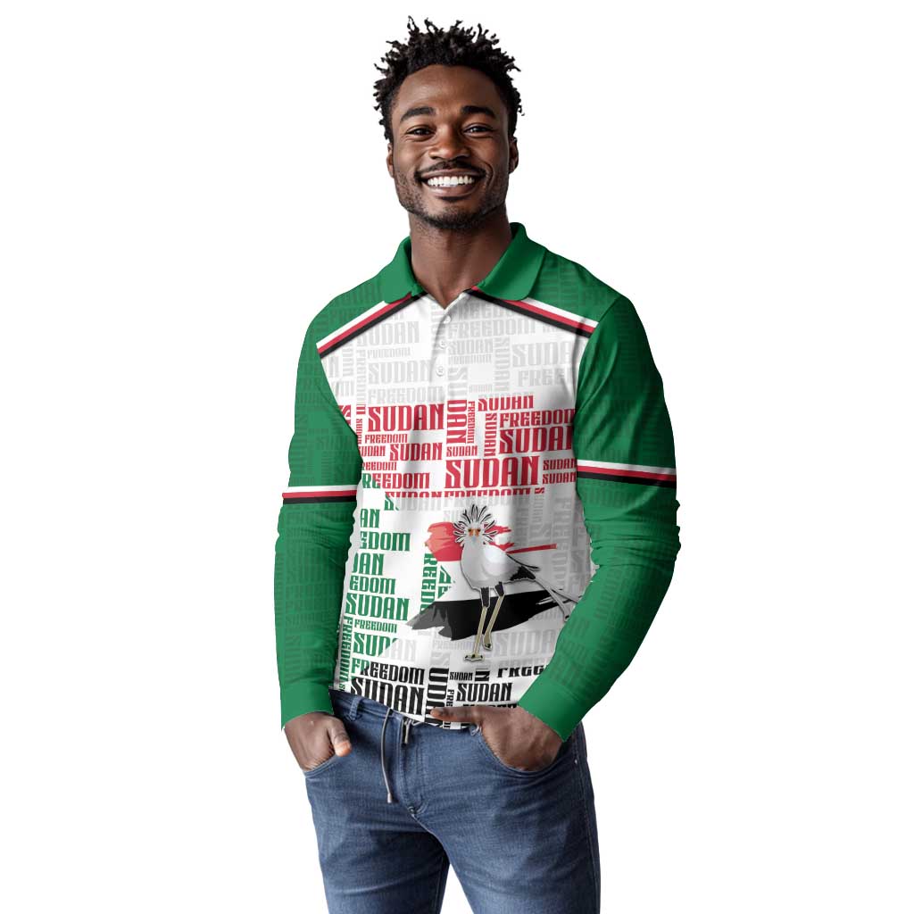 Personalized Sudan Long Sleeve Polo Shirt Secretary Bird With Typography Patterns - African Pride