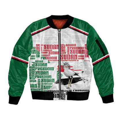Personalized Sudan Sleeve Zip Bomber Jacket Secretary Bird With Typography Patterns - African Pride