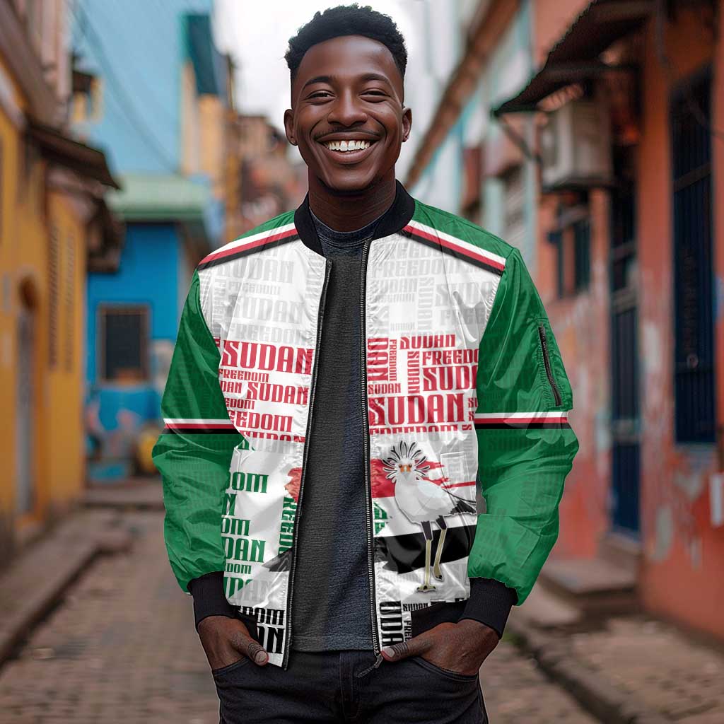Personalized Sudan Sleeve Zip Bomber Jacket Secretary Bird With Typography Patterns - African Pride